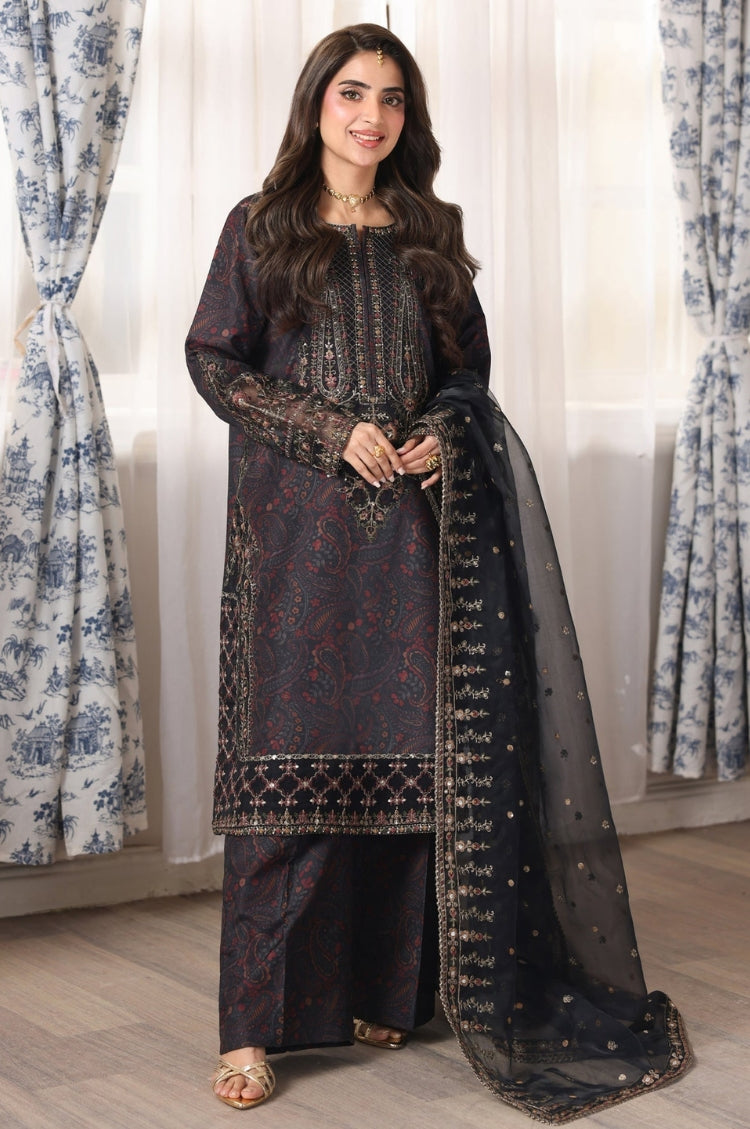 MOHAGNI-3PC LAWN PRINTED EMBROIDERED SHIRT WITH ORGANZA EMBROIDERED DUPATTA AND PRINT TROUSER-ADR-9