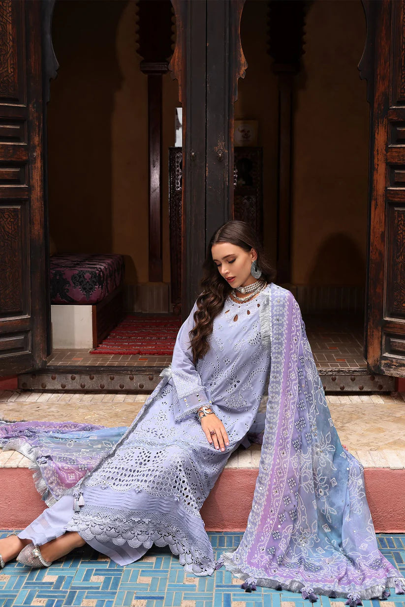 NUREH-3PC LAWN CHIKANKARI EMBROIDERED SHIRT WITH MONARK PRINTED DUPATTA AND EMB TRPUSER-ADR-3709