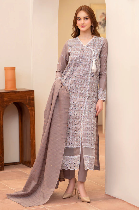 MIRAKHI-3PC LAWN CHIKENKARI EMBROIDERED SHIRT WITH LAWN TUBE SLUB DUPATTA-ADR-