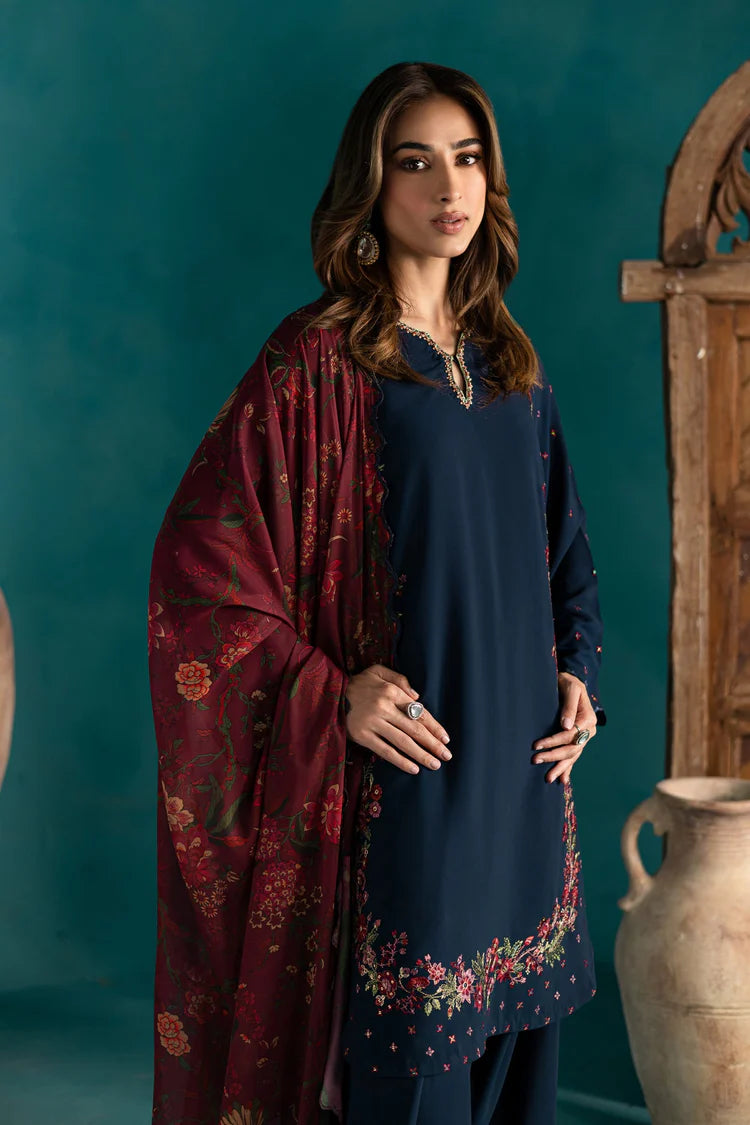 BATIK-3PC DHANAK EMBROIDERED SHIRT WITH COURTRAI PRINTED SHAWL & EMB TROUSER-ADR-4231