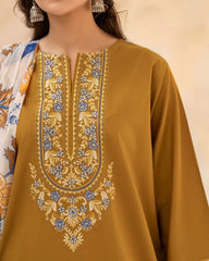 URGE-3PC DHANAK EMBROIDERED SHIRT WITH WOOL PRINT SHAWL AND EMB TROUSER-ADR-5070