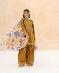 URGE-3PC DHANAK EMBROIDERED SHIRT WITH WOOL PRINT SHAWL AND EMB TROUSER-ADR-5070
