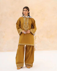 URGE-3PC DHANAK EMBROIDERED SHIRT WITH WOOL PRINT SHAWL AND EMB TROUSER-ADR-5070