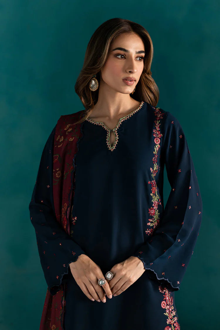 BATIK-3PC DHANAK EMBROIDERED SHIRT WITH COURTRAI PRINTED SHAWL & EMB TROUSER-ADR-4231