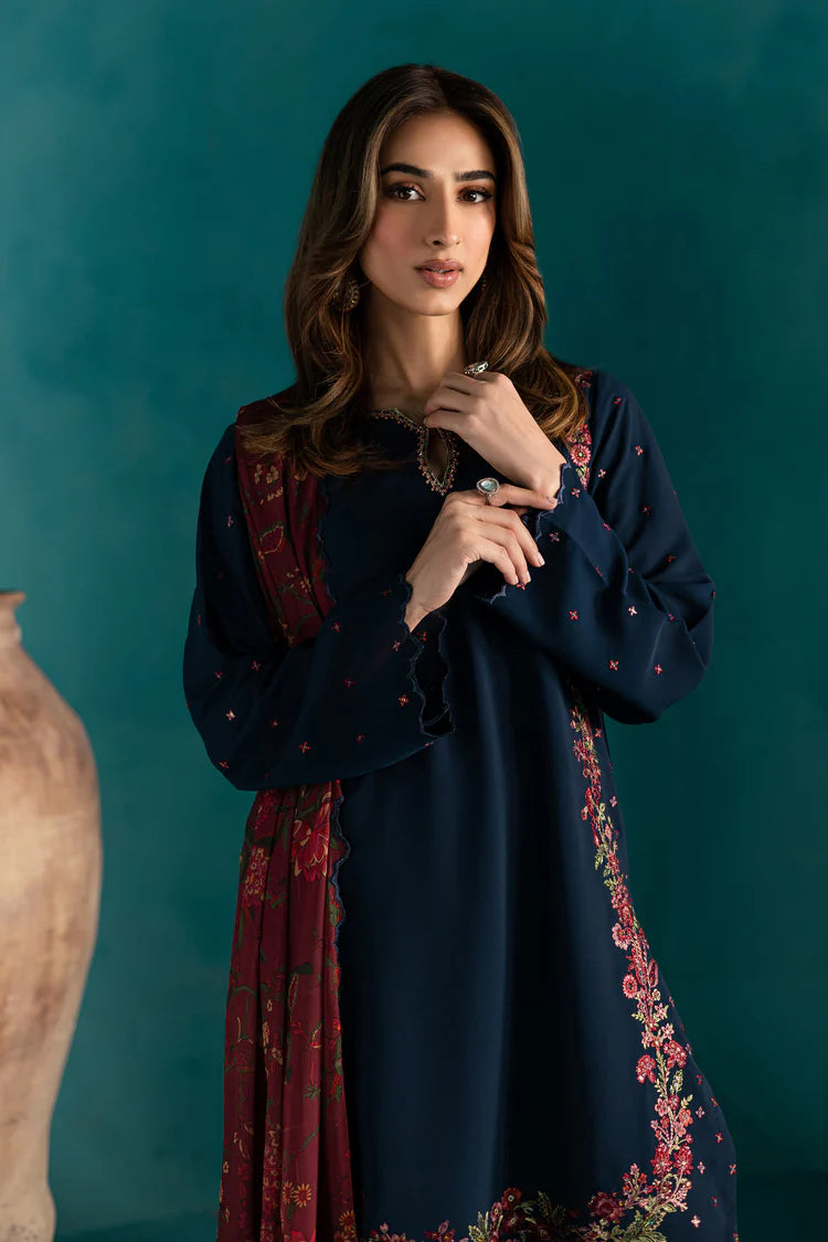 BATIK-3PC DHANAK EMBROIDERED SHIRT WITH COURTRAI PRINTED SHAWL & EMB TROUSER-ADR-4231