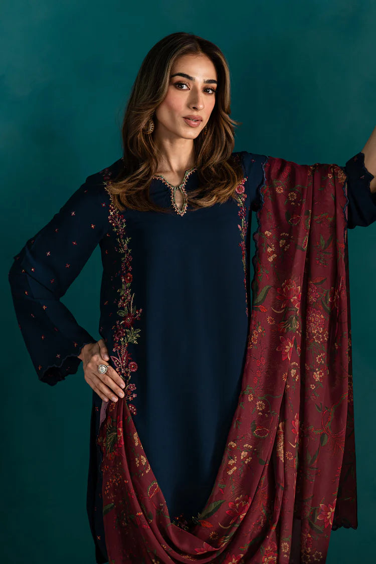 BATIK-3PC DHANAK EMBROIDERED SHIRT WITH COURTRAI PRINTED SHAWL & EMB TROUSER-ADR-4231