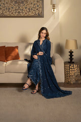 SAPPHIRE-3PC DHANAK EMBROIDERED SHIRT WITH DHANAK EMBROIDERED SHAWL AND TROUSER-ADR-4392