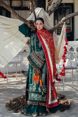HUSSAIN REHAR-3PC DHANAK EMBROIDERED SHIRT WITH COUTRAI PRINTED SHAWL AND TROUSER-ADR-5212