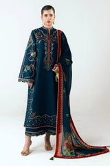 HUSSAIN REHAR-3PC DHANAK EMBROIDERED SHIRT WITH COUTRAI PRINTED SHAWL AND EMB TROUSER-ADR-5172