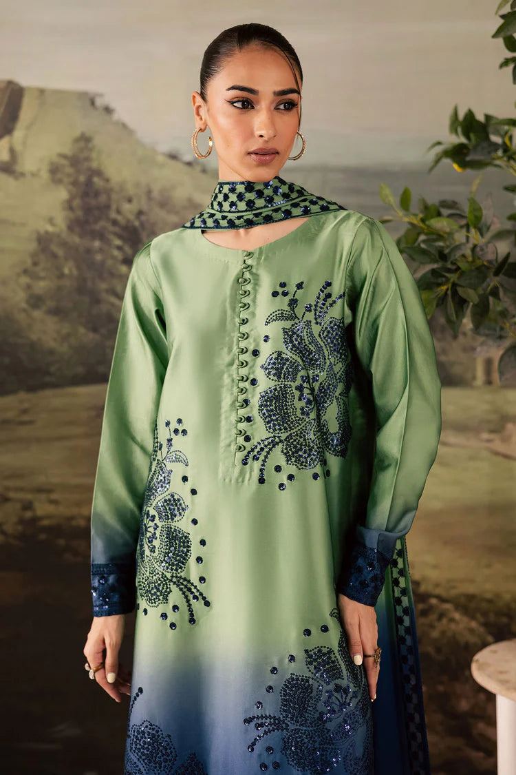 NUREH-3PC SHAMOZE SILK PRINTED EMB SHIRT WITH SOFT SILK PRINTED EMB DUPATTA AND TROUSER-ADR-1736