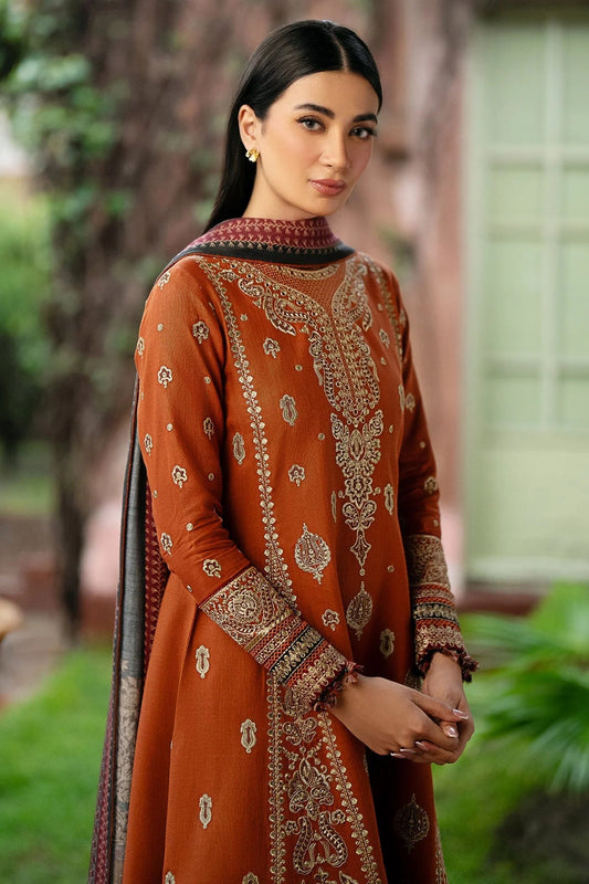 JAZMIN-3PC DHANAK EMBROIDERED SHIRT WITH COURTRAI PRINTED SHAWL AND TROUSER-ADR-4012