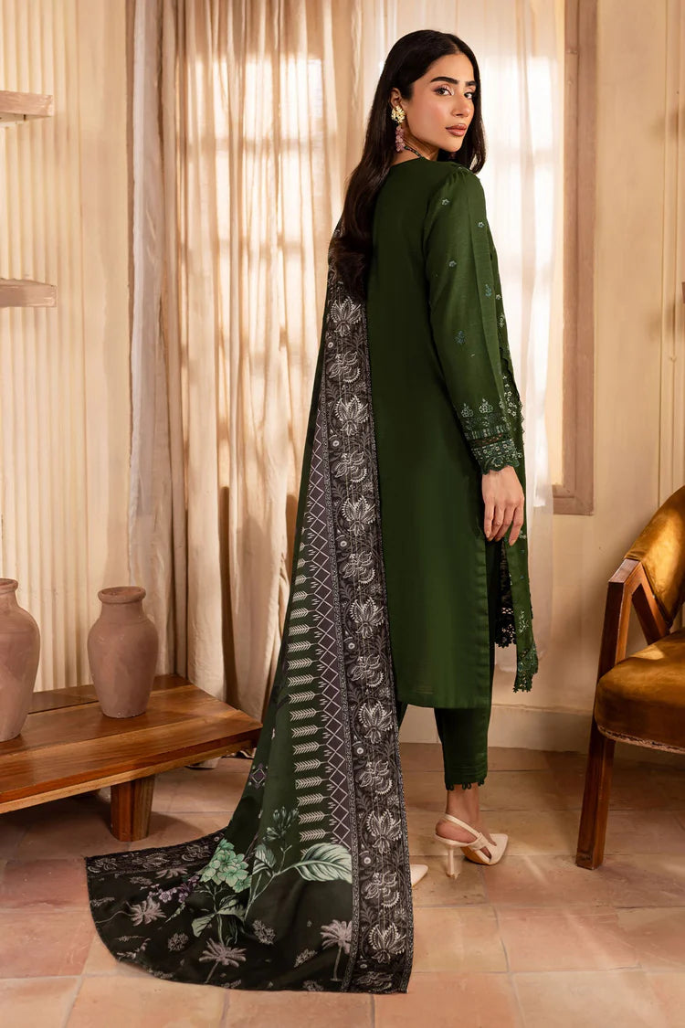 NUREH-3PC DHANAK EMBROIDERED SHIRT WITH COURTRAI PRINTED SHAWL & TROUSER-ADR-4324