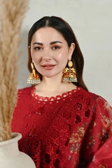 QALAMQAR-3PC LAWN CHIKAANKARI EMBROIDERED SHIRT WITH CHIFFON PRINTED EMB DUPATTA AND TROUSER-ADR-4665