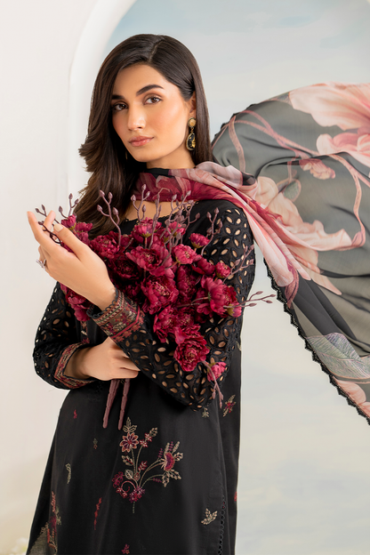 IZNIK- 3PC DHANAK EMBROIDERED SHIRT WITH COUTURE PRINT SHAWL AND TROUSER-ADR- 3175