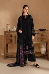 IZNIK-3PC DHANAK EMBROIDERED SHIRT WITH COUTRAI PRINTED SHAWL AND EMB TROUSER-ADR-5147