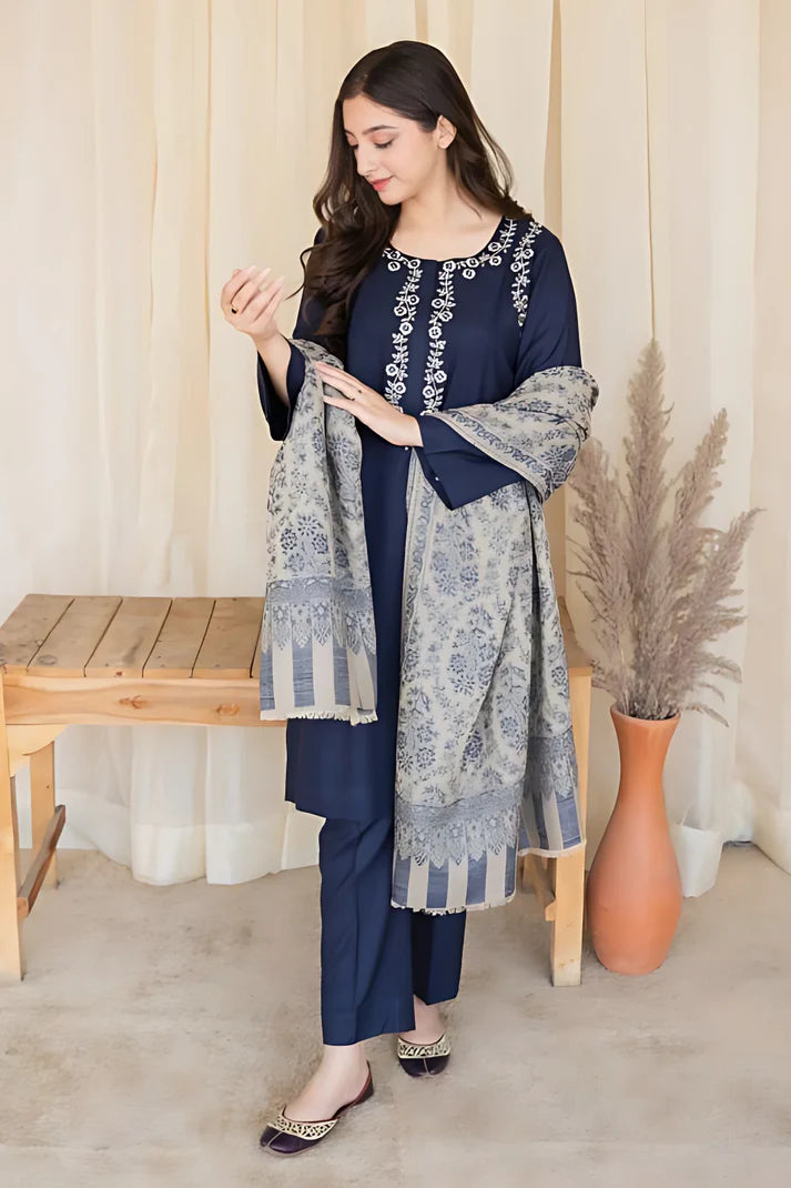 AISLING - 3PC DHANAK EMBROIDERED SHIRT WITH COTURE WOOL PRINTED SHAWL AND TROUSER -ADR-3197