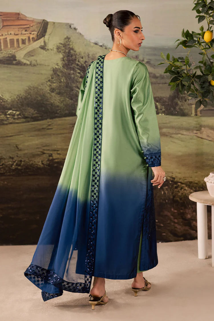 NUREH-3PC SHAMOZE SILK PRINTED EMB SHIRT WITH SOFT SILK PRINTED EMB DUPATTA AND TROUSER-ADR-1736