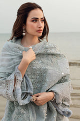 NUREH-3PC DHANAK LASER WORK EMBROIDERED SHIRT WITH CHIFFON EMBROIDERED DUPATTA & TROUSER-ADR-4214