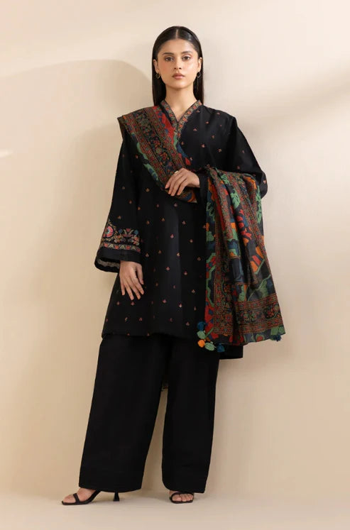 SAPPHIRE-3PC DHANAK EMBROIDERED SHIRT WITH COURTRAI PRINTED SHAWL & TROUSER-ADR-4242