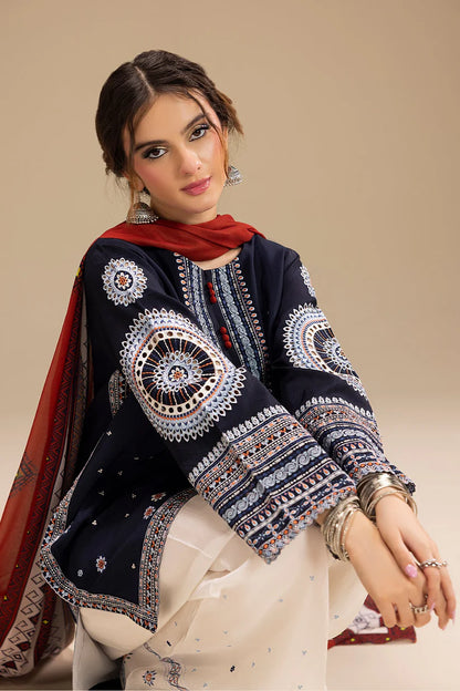 JAZMIN-3PC DHANAK EMBROIDERED SHIRT WITH CORTRAI WOOL PRINTED SHAWL AND EMB TROUSER-ADR-4080