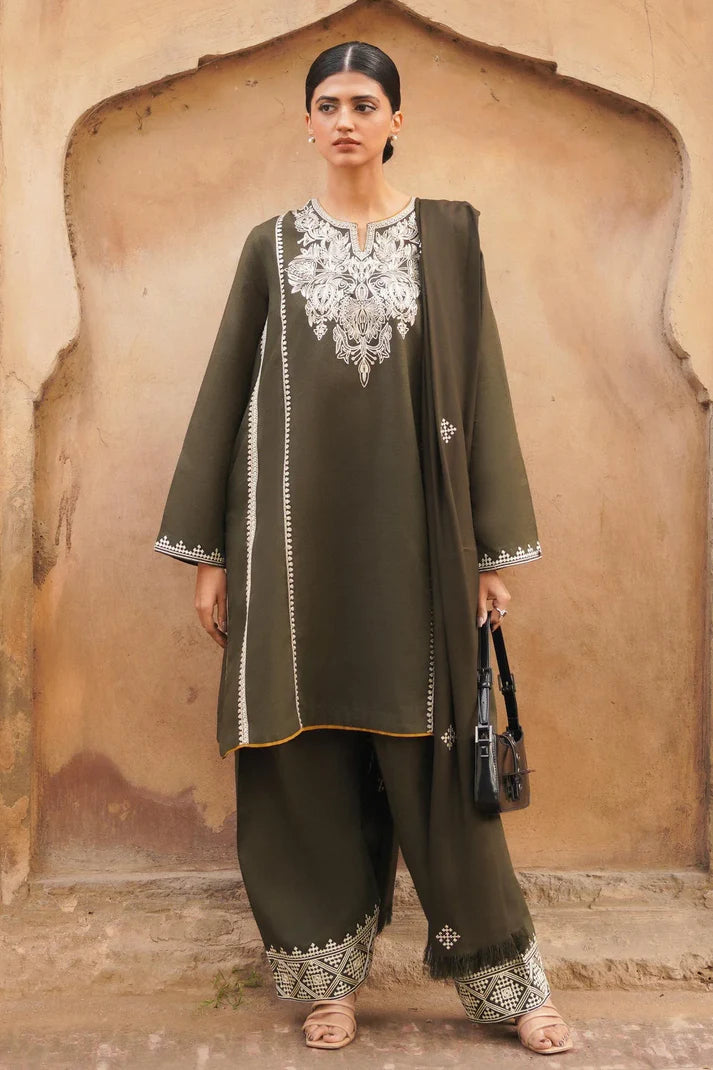 ZARA SHAH JAHAN - 3PC DHANAK EMBROIDERED SHIRT WITH DHANAK EMBROIDERED SHAWL-ADR-1215