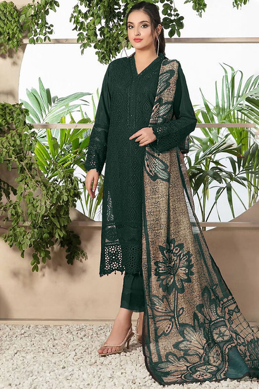 ZAINAB CHOTTANI-3PC CHIKANKAARI LAWN EMBROIDERED SHIRT WITH MONARK PRINT DUPATTA AND TROUSER-ADR-4052 MUNGIYA