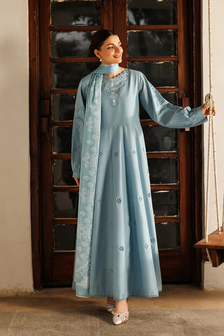 IZNIK-3PC LAWN CHIKANKAARI EMB FROCK WITH CHIFFON PRINTED DUPATTA & DYED TROUSER-ADR-4887