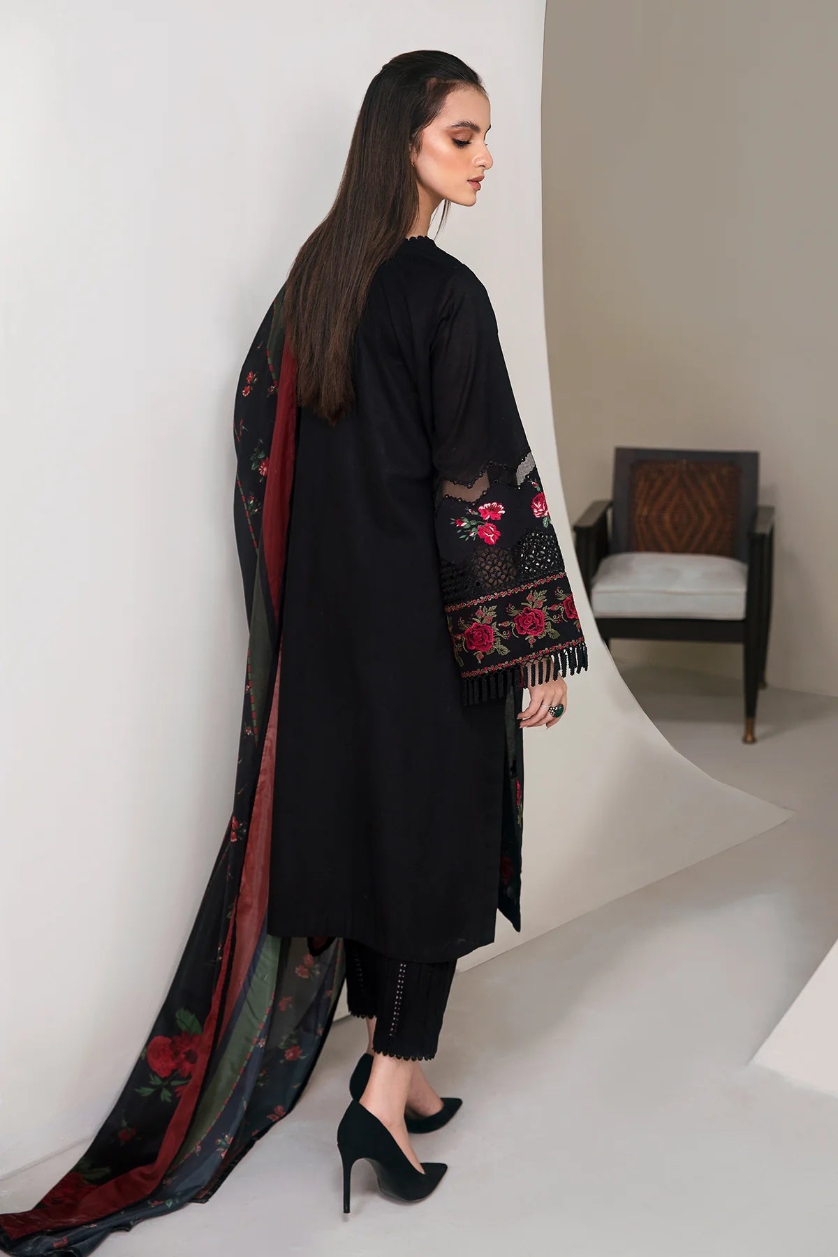 BAROQUE-3PC DHANAK EMBROIDERED SHIRT WITH COURTRAI PRINTED SHAWL AND TROUSER-ADR-4004