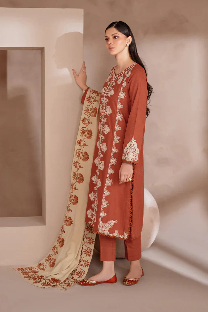 IZNIK-3PC DHANAK EMBROIDERED SHIRT WITH DHANAK EMBRIDERED SHAWL & TROUSER-ADR-3388