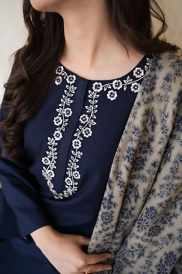 AISLING - 3PC DHANAK EMBROIDERED SHIRT WITH COTURE WOOL PRINTED SHAWL AND TROUSER -ADR-3197