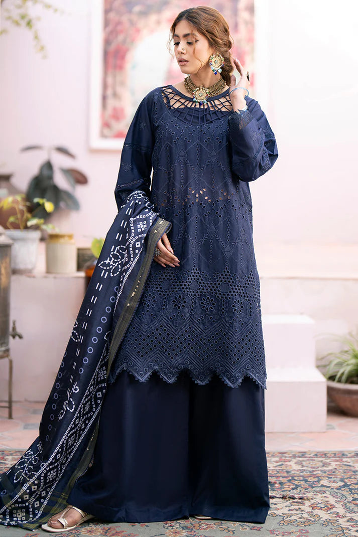 MAHNUR-3PC CHIKENKARI LAWN EMBROIDERED WITH DAIMOND PRINT DUPATTA- ADR-4026