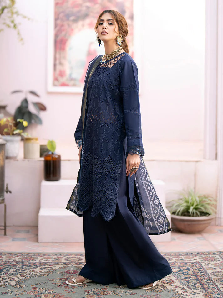 MAHNUR-3PC CHIKENKARI LAWN EMBROIDERED WITH DAIMOND PRINT DUPATTA- ADR-4026