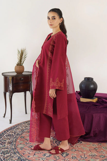 HANA- 3PC KHADAR EMBROIDERED SHIRT WITH ORGANZA EMBROIDRED DUPATTA AND TROUSER-ADR-3195