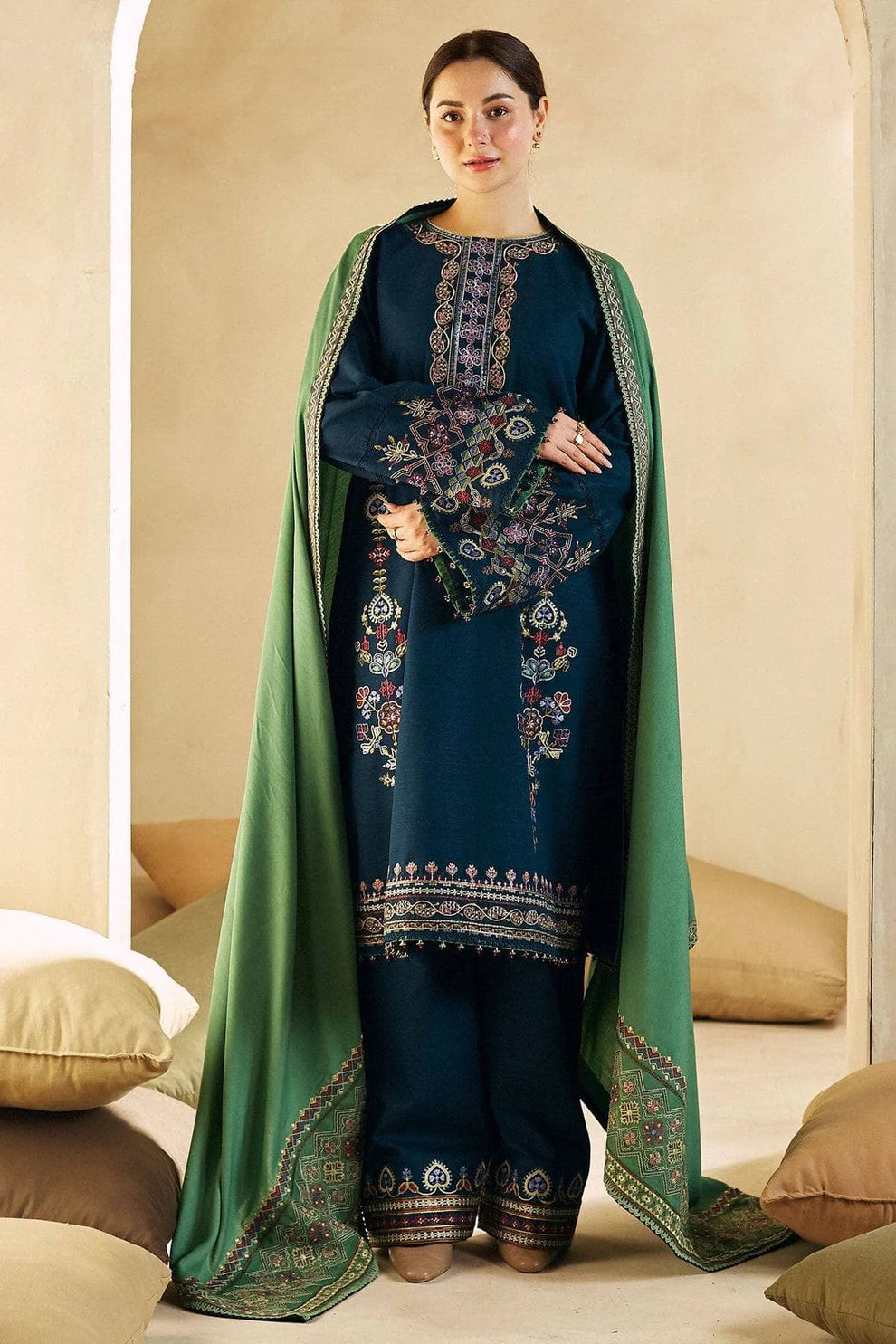 ZARA SHAH JAHAN- 3PC DHANAK EMBROIDERED SHIRT DHANAK EMBROIDERED SHAWL AND TROUSER-ADR-3130