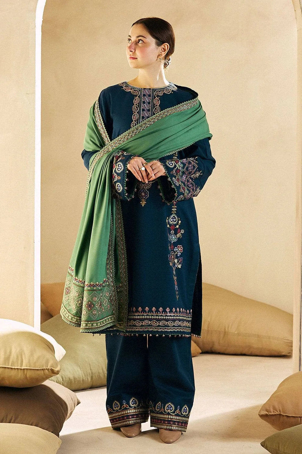 ZARA SHAH JAHAN- 3PC DHANAK EMBROIDERED SHIRT DHANAK EMBROIDERED SHAWL AND TROUSER-ADR-3130