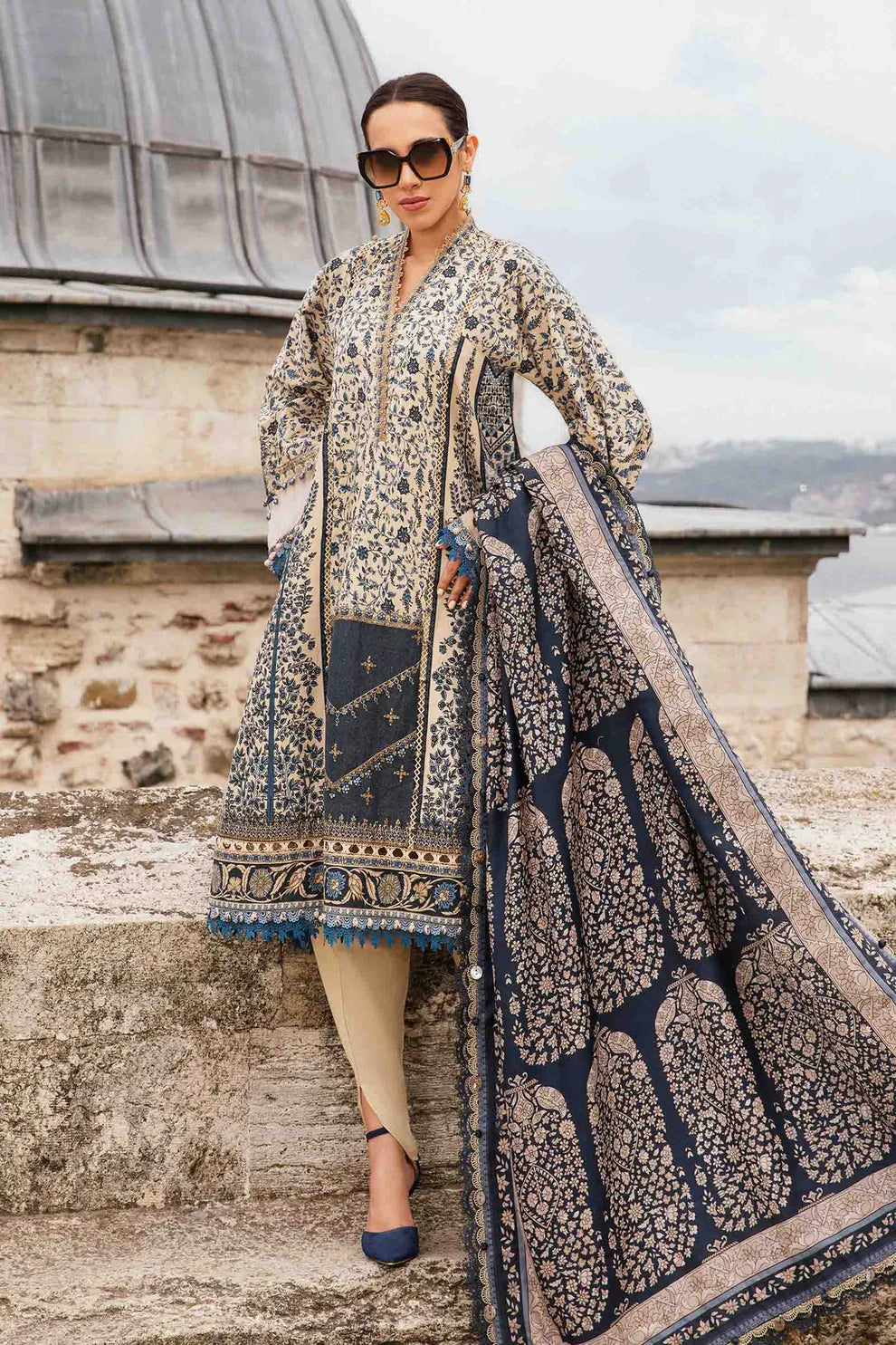 MARIA B- 3PC KARANDI PRINTED EMBROIDERED SHIRT WITH KARANDI PRINTED SHAWL AND KARANDI PRINTED TROUSER-ADR-3257-B