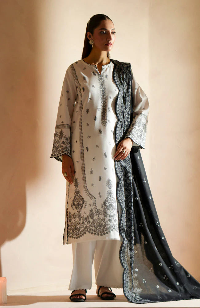 SERAN - 3PC DHANAK EMBROIDERED SHIRT WITH DHA COUTURE WOOL PRINT SHAWL AND TROUSER-ADR-3163