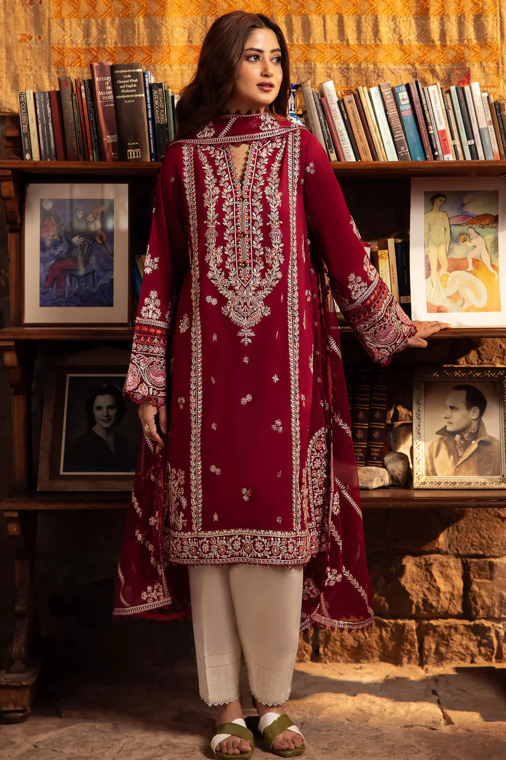 ZAHA- 3PC DHANAK EMBROIDERED SHIRT WITH BAMBER CHIFFON EMBROIDRED DUPATTA-ADR-3227