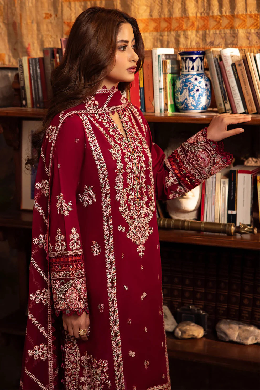 ZAHA- 3PC DHANAK EMBROIDERED SHIRT WITH BAMBER CHIFFON EMBROIDRED DUPATTA-ADR-3227