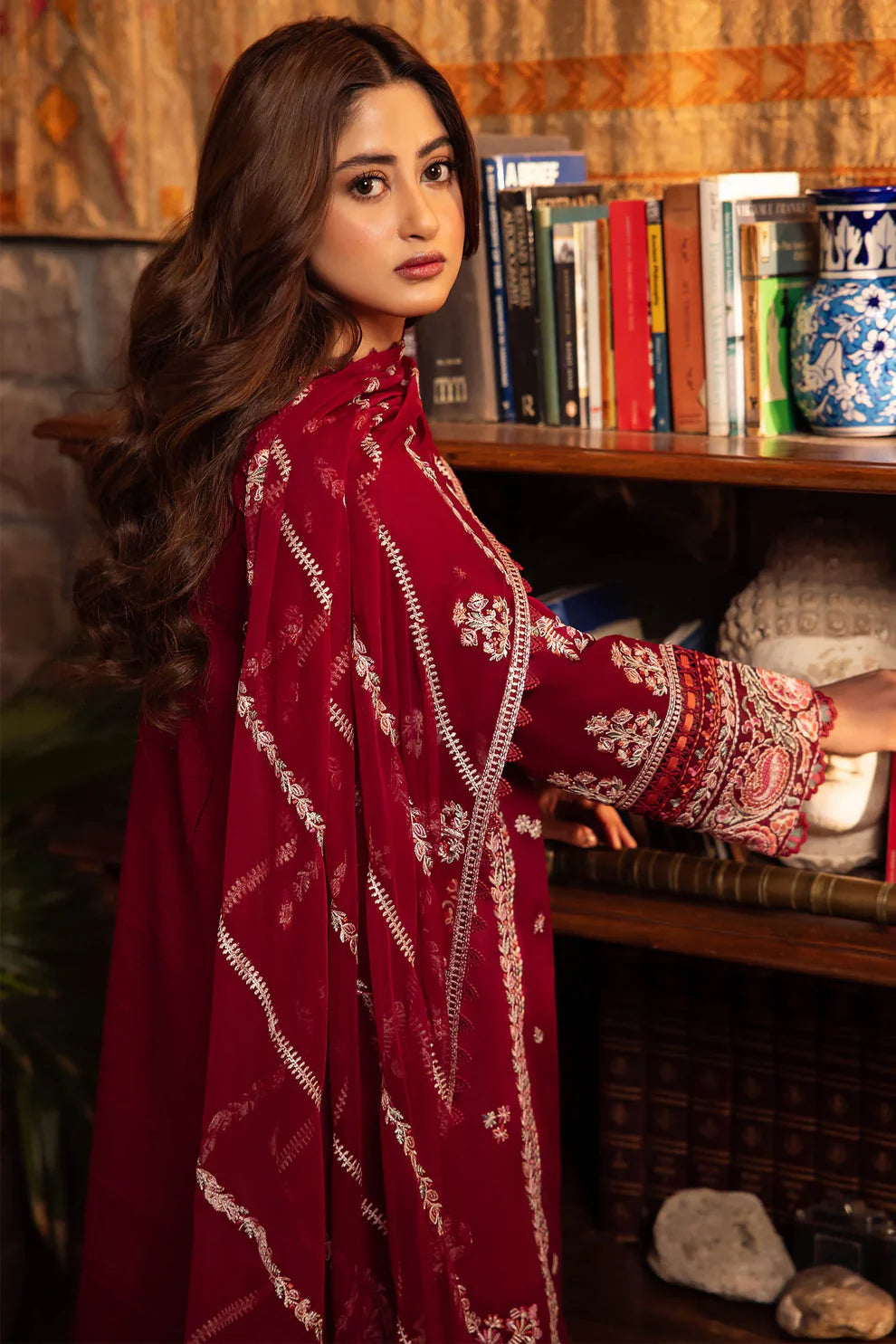 ZAHA- 3PC DHANAK EMBROIDERED SHIRT WITH BAMBER CHIFFON EMBROIDRED DUPATTA-ADR-3227