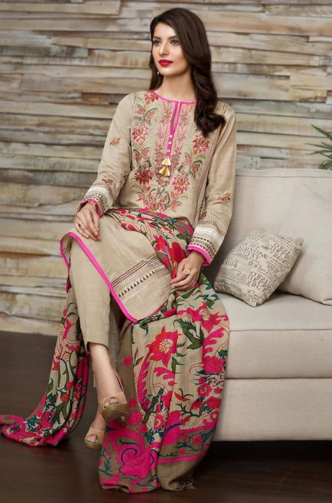 KHAADI-3PC KHADAR EMBROIDRED SHIRT WITH COUTURE PRINT SHAWL-ADR-3217