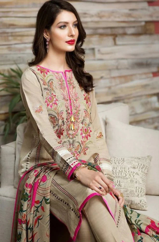 KHAADI-3PC KHADAR EMBROIDRED SHIRT WITH COUTURE PRINT SHAWL-ADR-3217