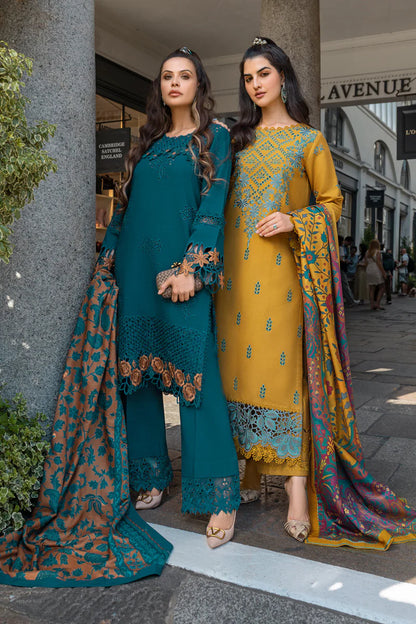 RANG RASIYA-3PC DHANAK EMBROIDERED SHIRT WITH COURTRAI PRINTED SHAWL AND TROUSER-ADR-4159