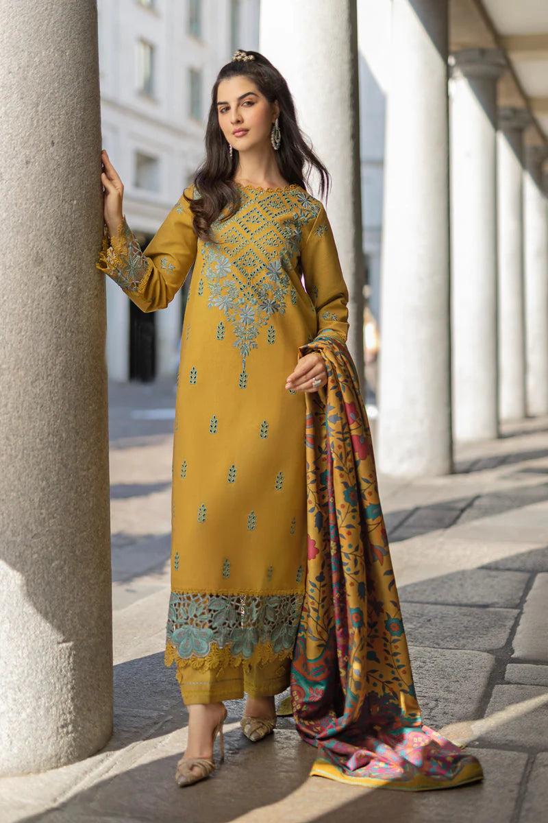 RANG RASIYA-3PC DHANAK EMBROIDERED SHIRT WITH COURTRAI PRINTED SHAWL AND TROUSER-ADR-4159