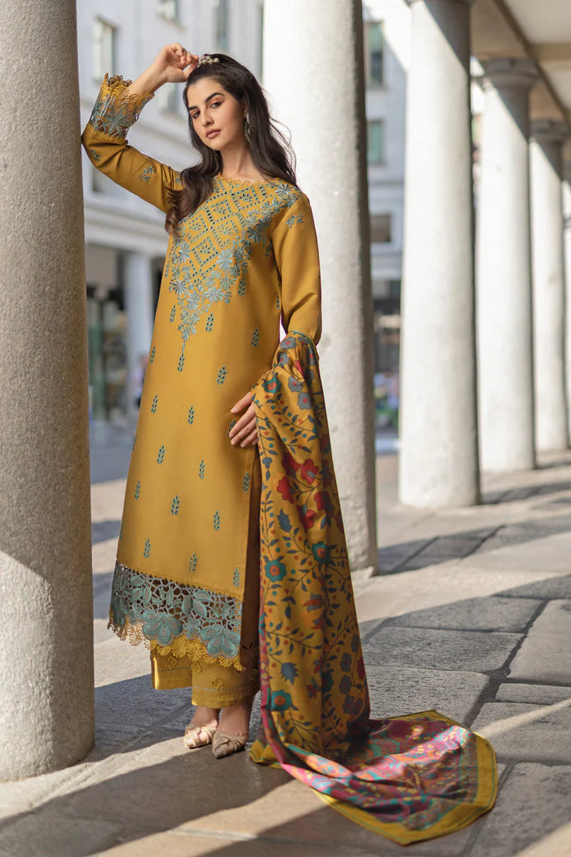RANG RASIYA-3PC DHANAK EMBROIDERED SHIRT WITH COURTRAI PRINTED SHAWL AND TROUSER-ADR-4159