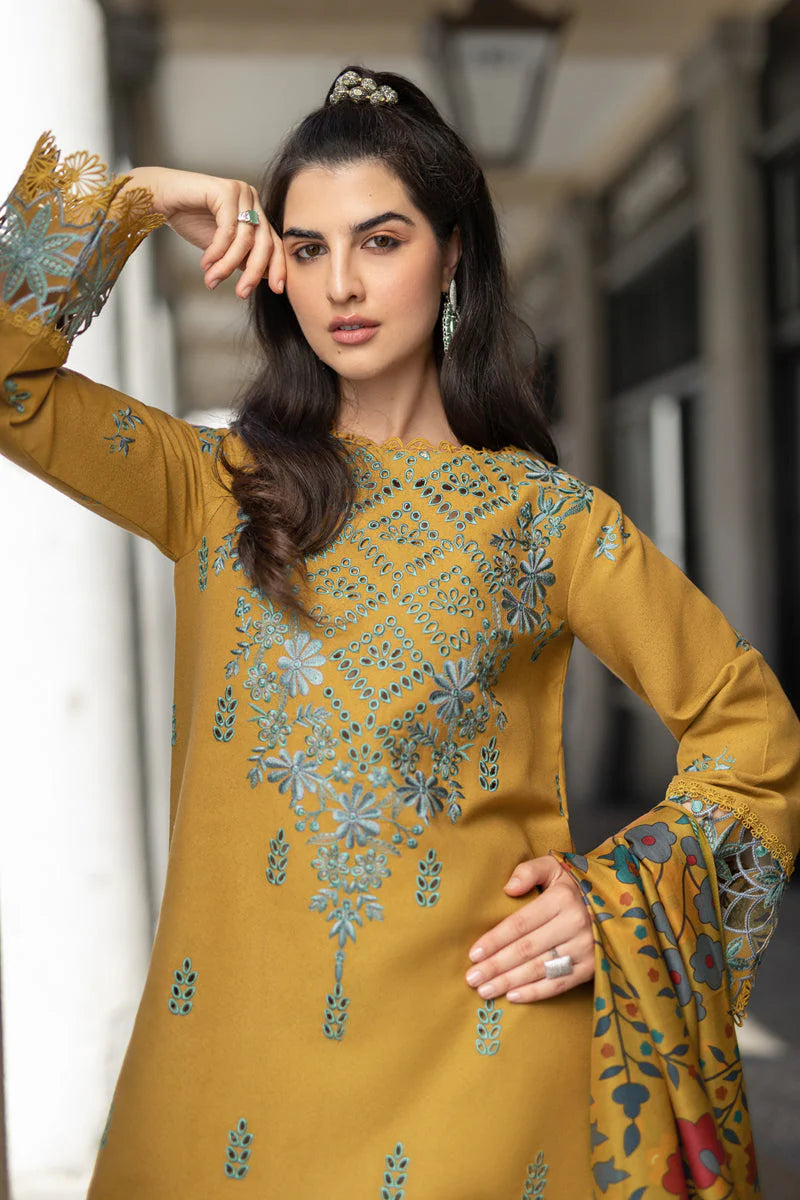 RANG RASIYA-3PC DHANAK EMBROIDERED SHIRT WITH COURTRAI PRINTED SHAWL AND TROUSER-ADR-4159