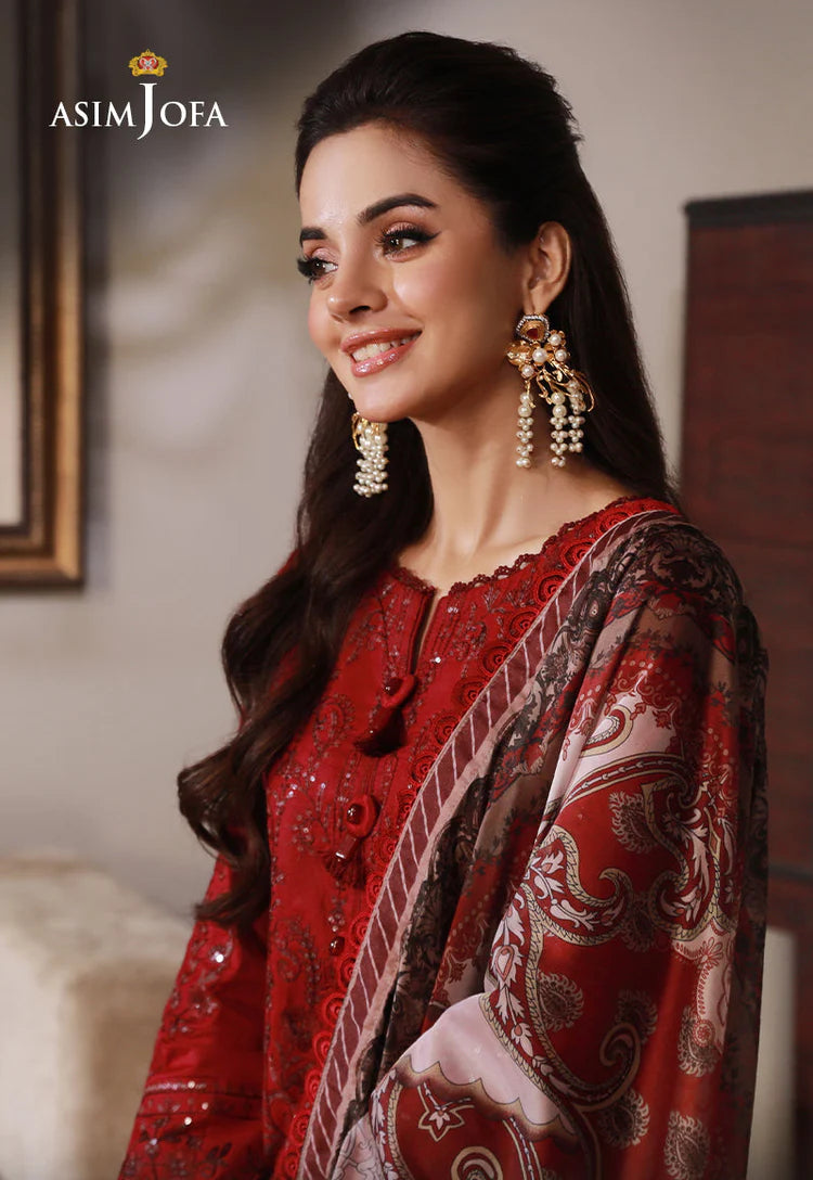ASIM JOFA-3PC DHANAK SEQUIN EMBROIDRED SHIRT WITH COURTRAI PRINTED SHAWL AND TROUSER-ADR-4228