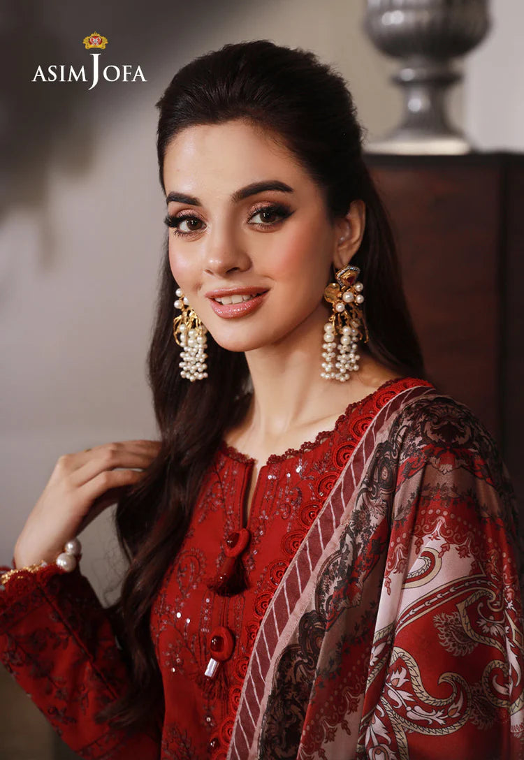 ASIM JOFA-3PC DHANAK SEQUIN EMBROIDRED SHIRT WITH COURTRAI PRINTED SHAWL AND TROUSER-ADR-4228