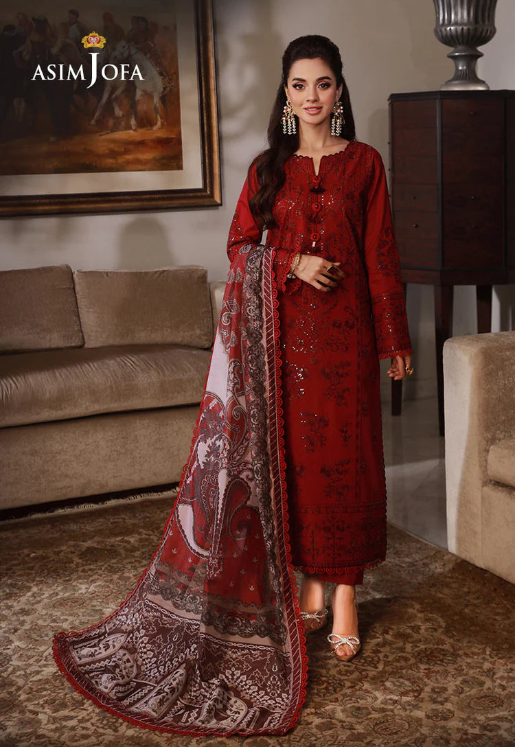ASIM JOFA-3PC DHANAK SEQUIN EMBROIDRED SHIRT WITH COURTRAI PRINTED SHAWL AND TROUSER-ADR-4228