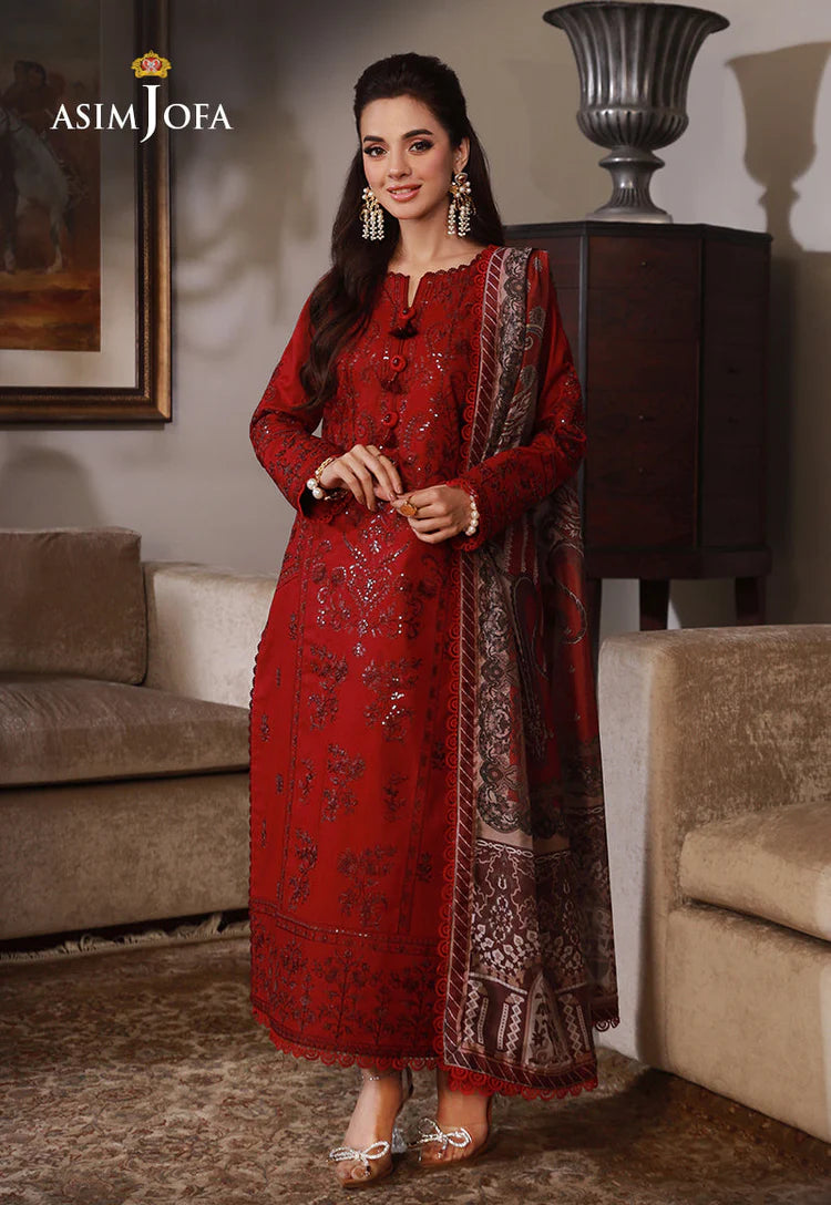 ASIM JOFA-3PC DHANAK SEQUIN EMBROIDRED SHIRT WITH COURTRAI PRINTED SHAWL AND TROUSER-ADR-4228